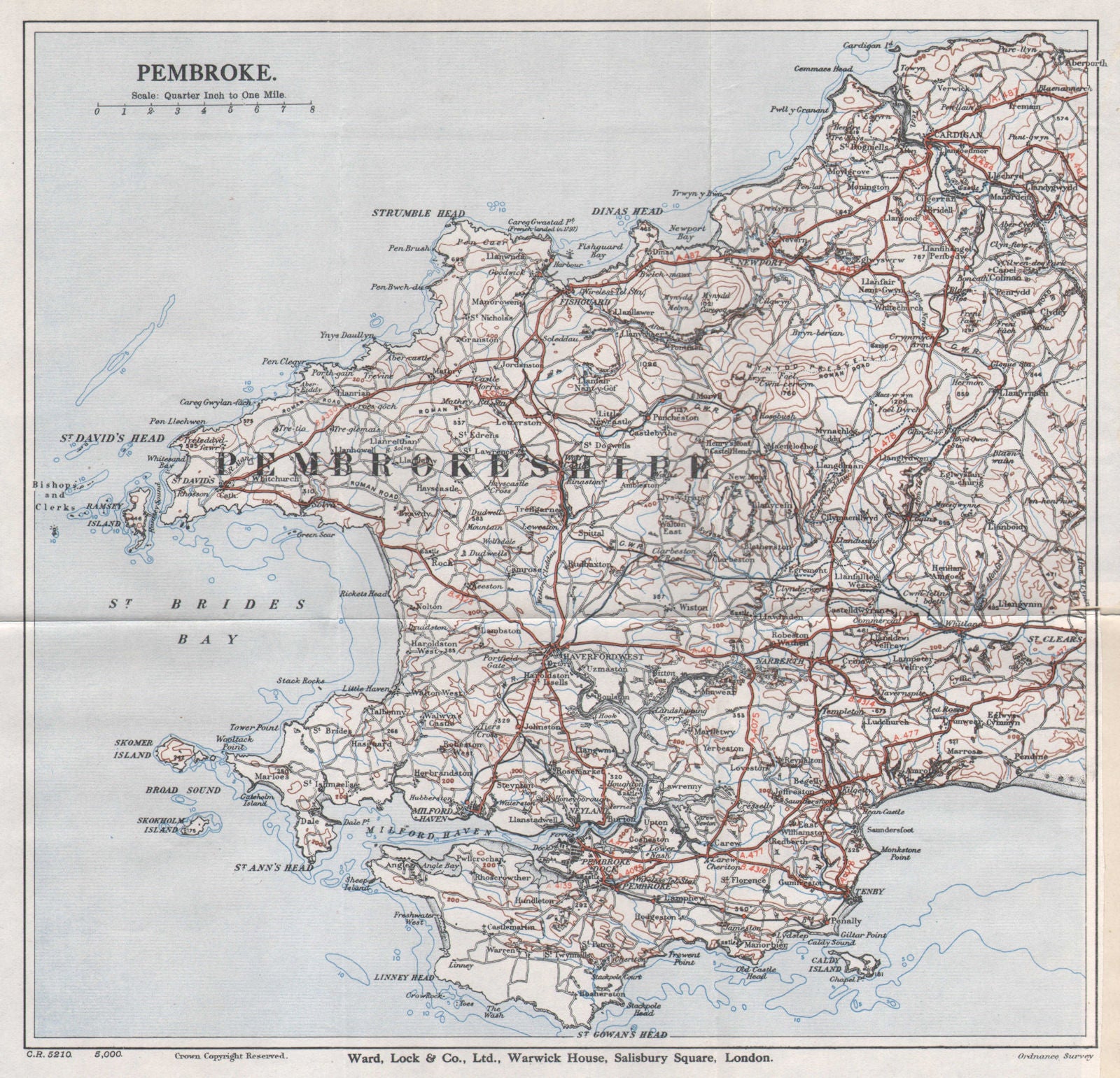 PEMBROKESHIRE. Cardigan Pembroke Tenby St David's. Wales. WARD LOCK 1936 map